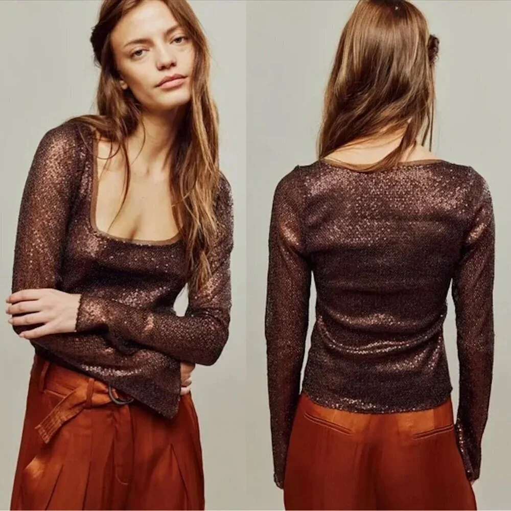 New Free People Late Night Disco Layering Hot Fudge Top Size S